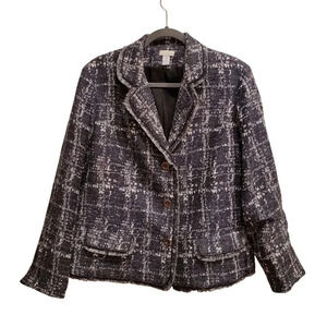 Chicos Y2K Black Blue White Fringed Nubby Textured Tweed Blazer Jacket Size 3 XL